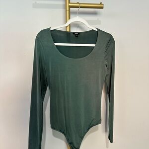 Express Body Contour Olive Green Long Sleeve Thong Bodysuit